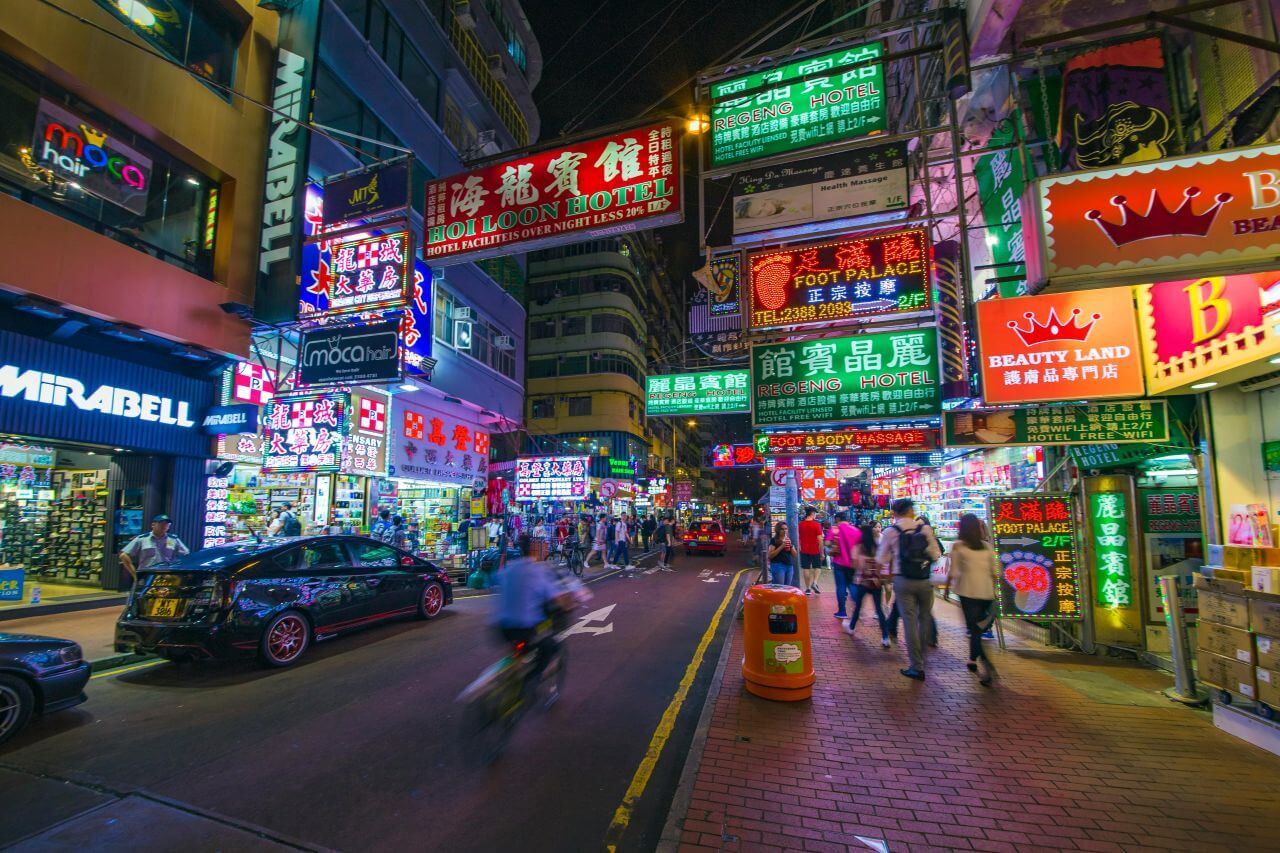 Neon-lit streets of Mong Kok, Hong Kong at night